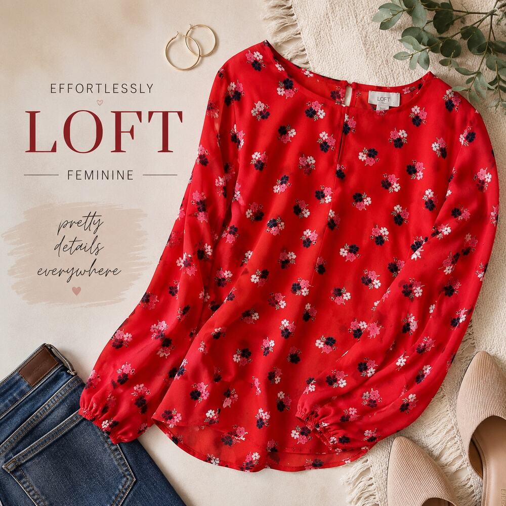 LOFT Floral Long Sleeve Blouse Size Medium Red Pink Lightweight Feminine Top